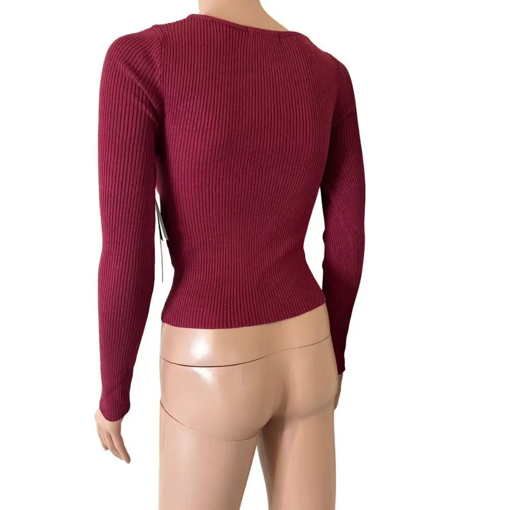 New Women's Cutout Long Sleeve Knitted Ribbed Pullover Sweater Jumper Top SZ XS - Picture 10 of 10